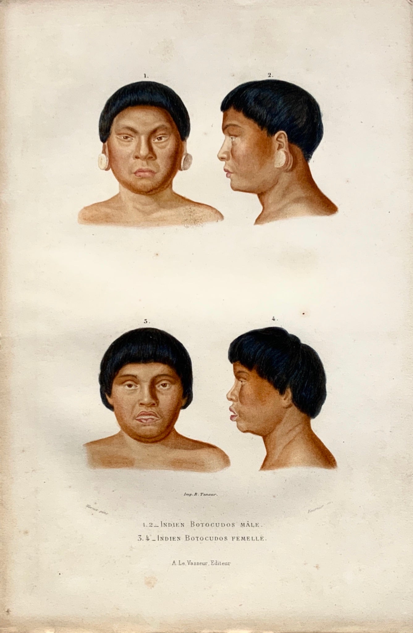 1849 Fournier after Werner - Botocudo Indians - original hand colour - Ethnology
