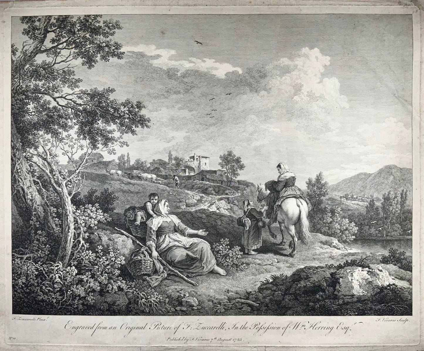 1753 F. Zuccarelli, Italianate pastoral scene, large impressive engraving, classical art