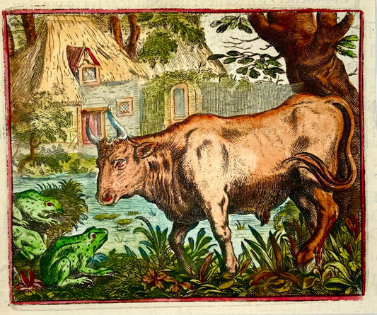 1617 Marcus Geerhaerts, fable, le taureau et les grenouilles, coloriée à la main, gravure