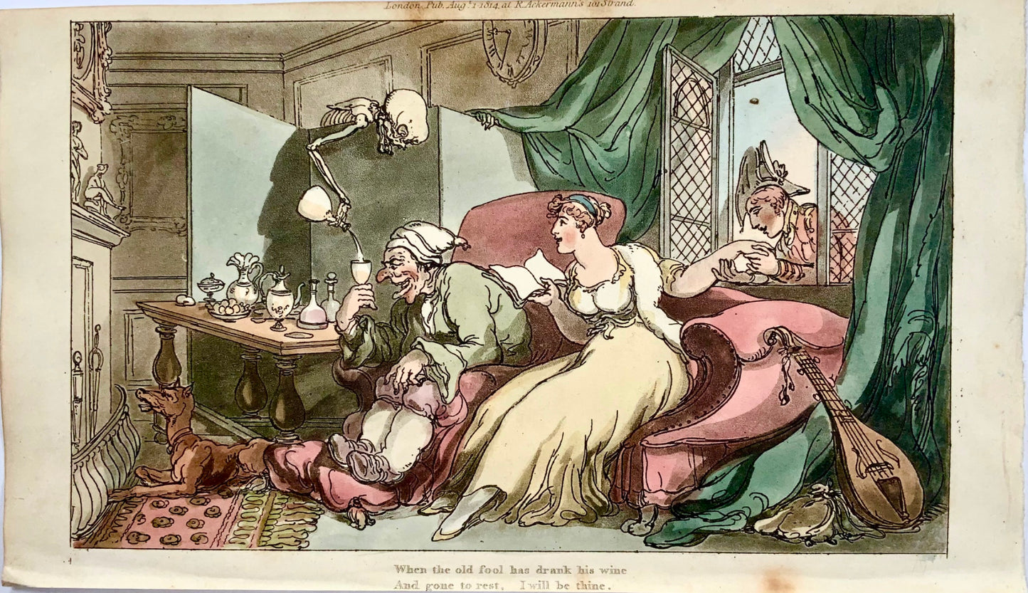 1815 Thomas Rowlandson, Dance of Death, caricature, humour, hand colored aquatint, the Drunkard