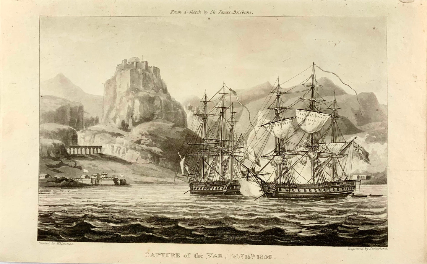 1820 Capture of Var, off Corfu, Sutherland, Whitcombe, maritime aquatint