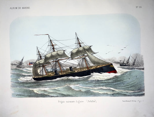 1865 c. L. Lebreton - Steam Frigate Ship - Folio stone lithograph - Hand colour - Maritime