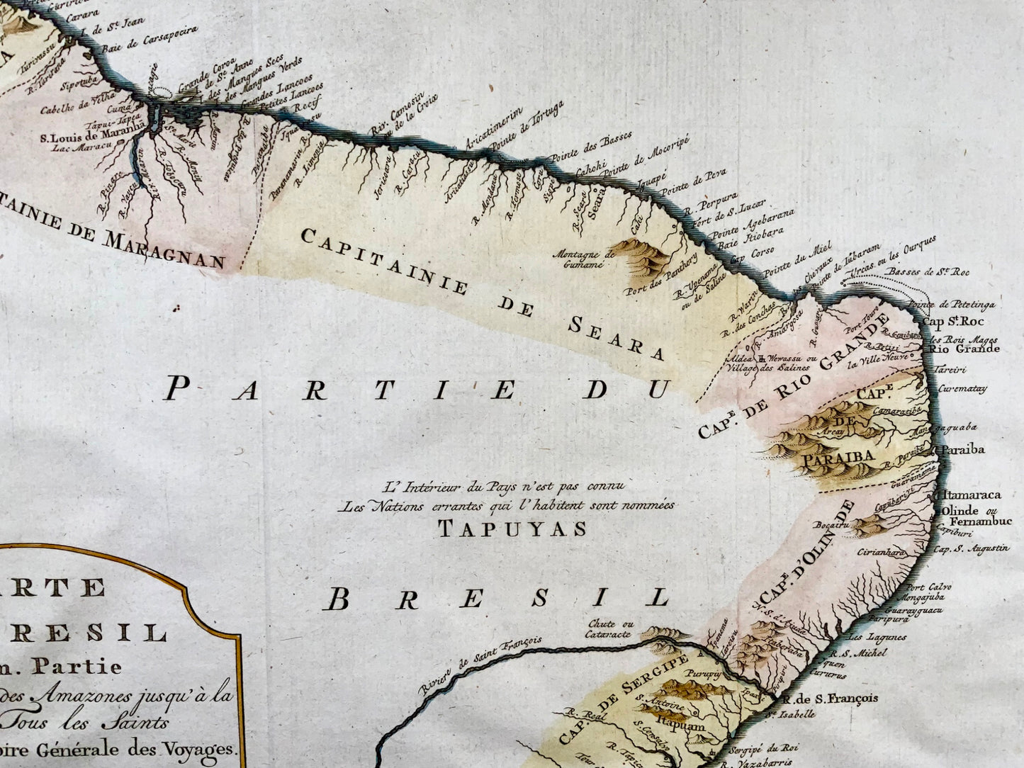 1772 Krevelt, carte, côte du Brésil, Amérique du Sud, Amazonie, coloriée à la main 