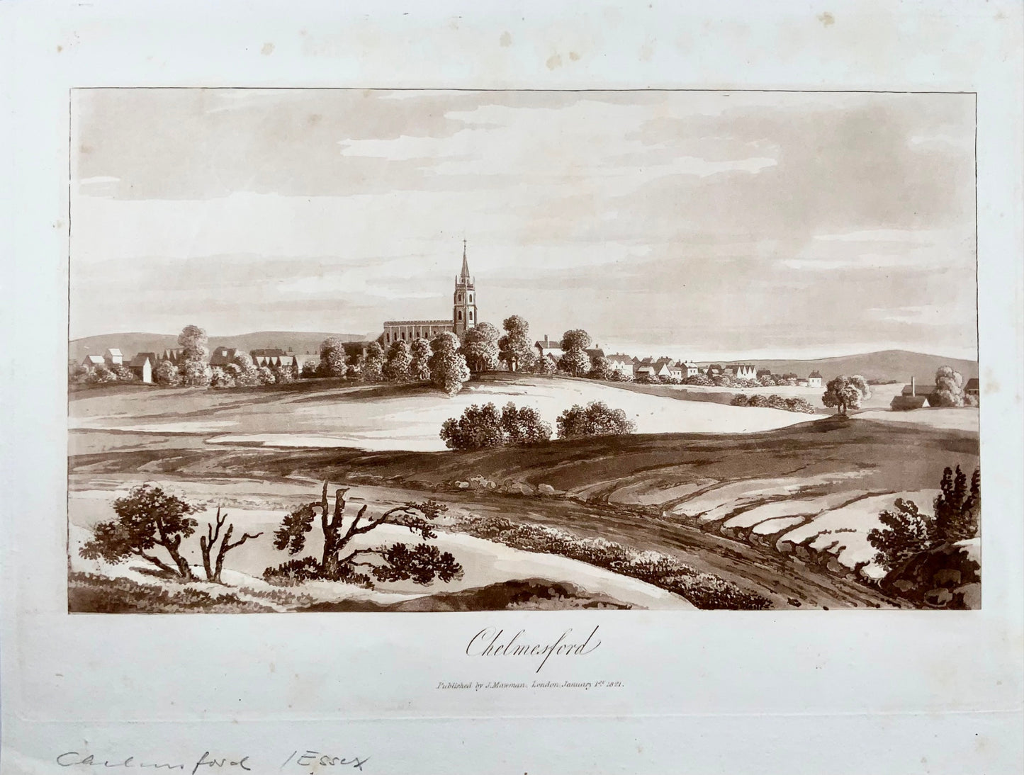 1821 Chelmsford, Essex, aquatinte sépia par Mawman d'après Shepherd