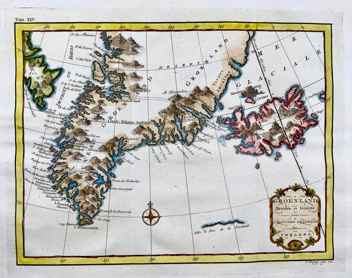 1779 H. Klockhoff, Groenland, Groenland, Islande, Arctique, carte colorée à la main, voyage