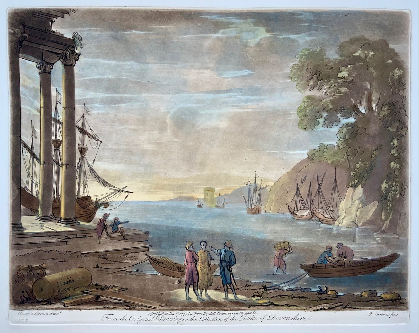 1774 Richard Earlom d'après CLAUDE LORRAIN - Vue du port en Italie - Grand papier - Topographie, Gravure de Maître