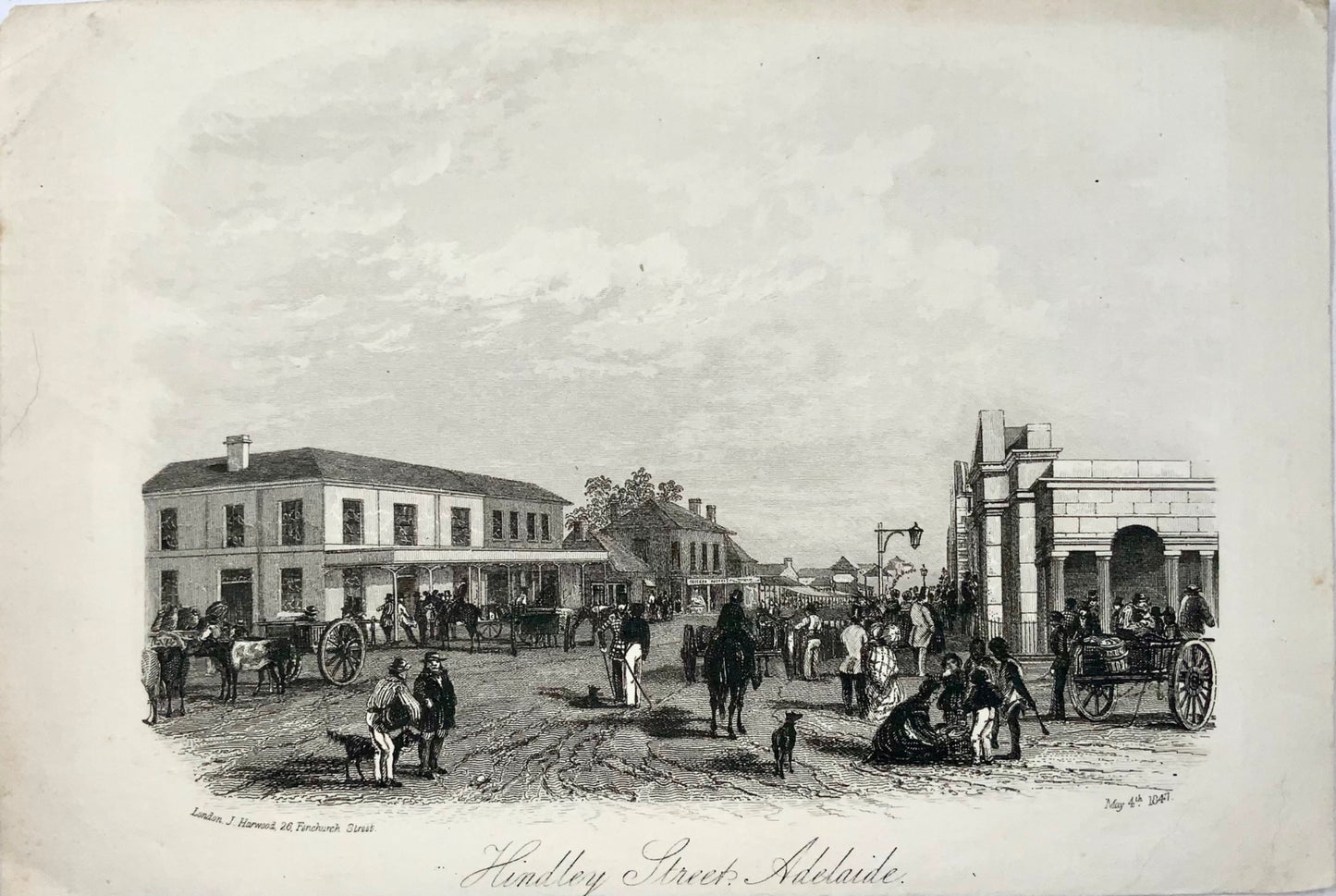 1847 Harwood, Hindley Street, Adélaïde, gravure, rare, topographie étrangère