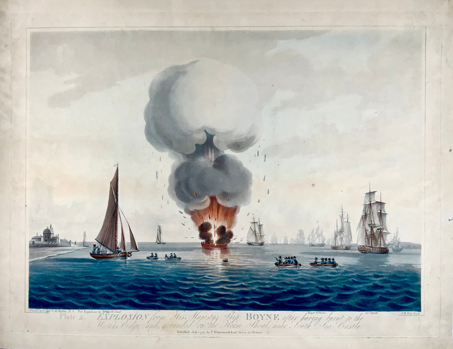 1797 Ensemble de 2 Grandes Aquatintes, Maritime, Explosion du 'HMS' Boyne - Histoire Militaire