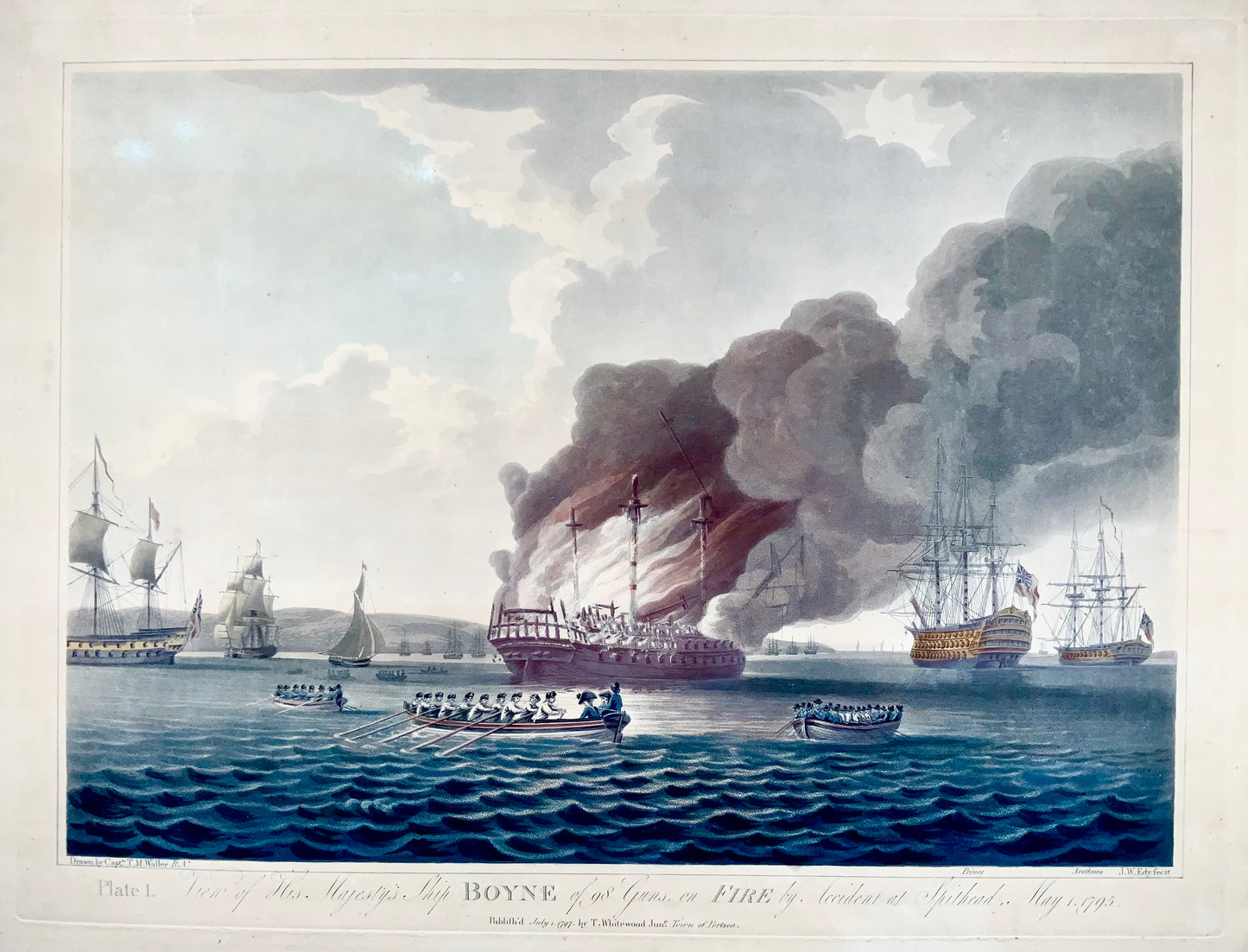 1797 Ensemble de 2 Grandes Aquatintes, Maritime, Explosion du 'HMS' Boyne - Histoire Militaire