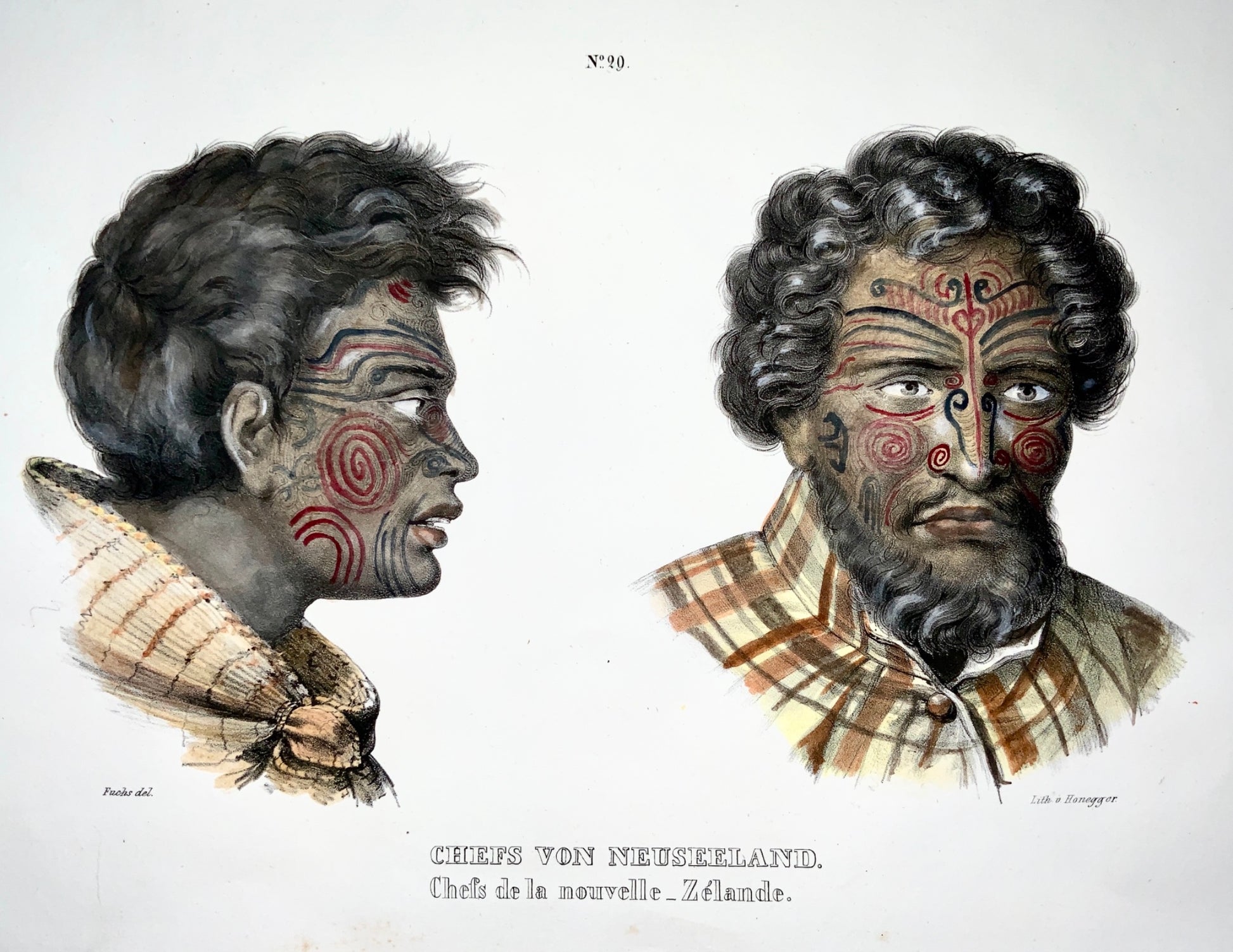 1840 Tattooed Chief from NEW ZEALAND hand colored FOLIO lithograph - Ethnology, Travel