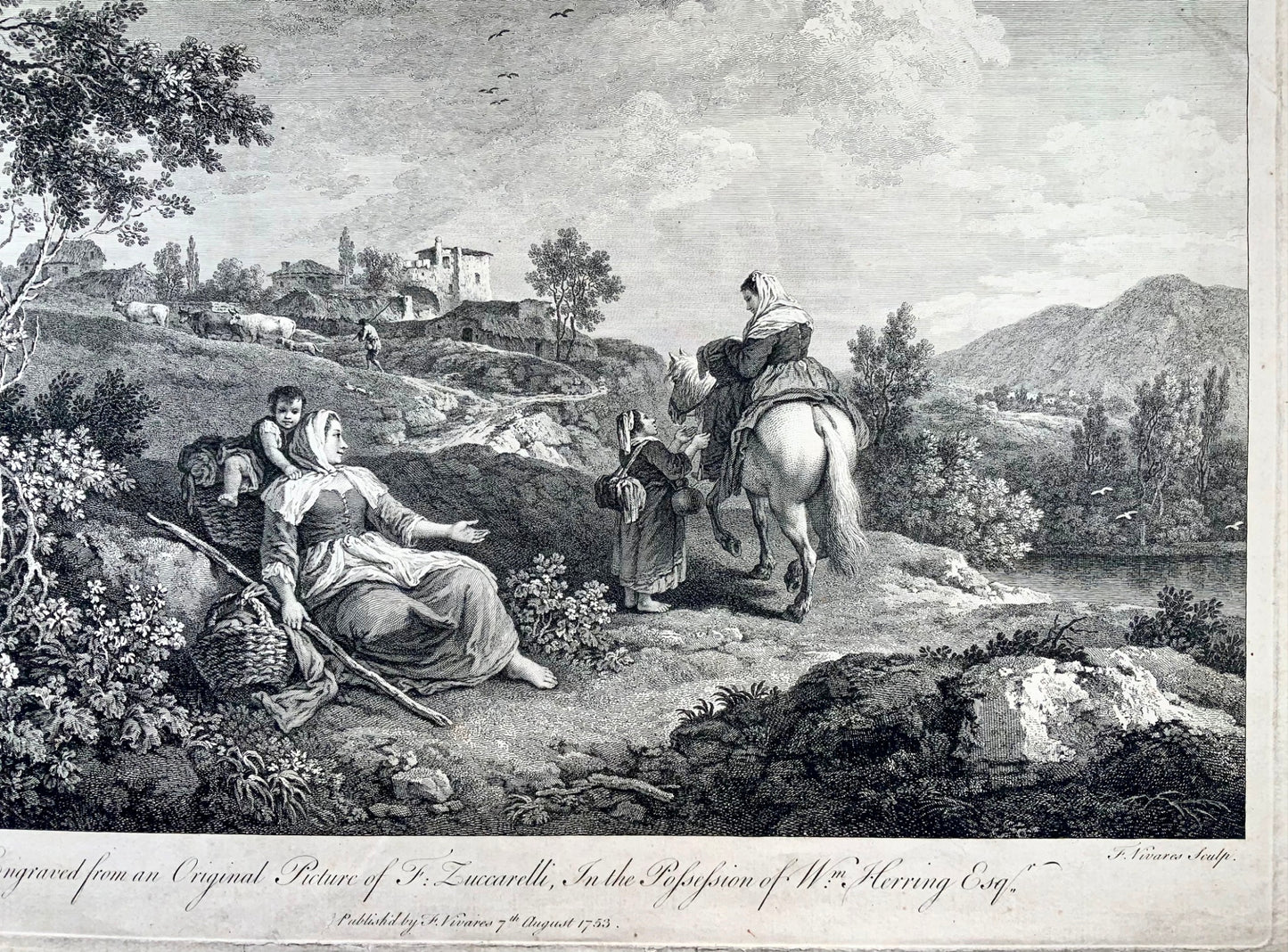 1753 F. Zuccarelli, Italianate pastoral scene, large impressive engraving, classical art