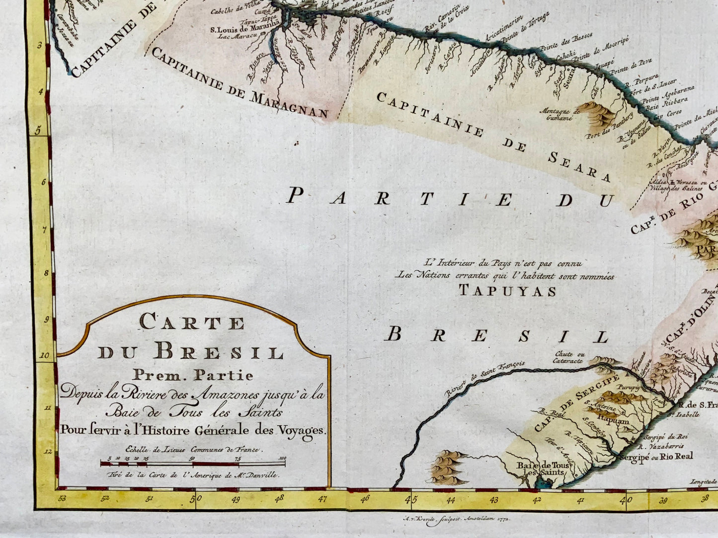 1772 Krevelt, map, coast of Brazil, South America, Amazon, hand coloured