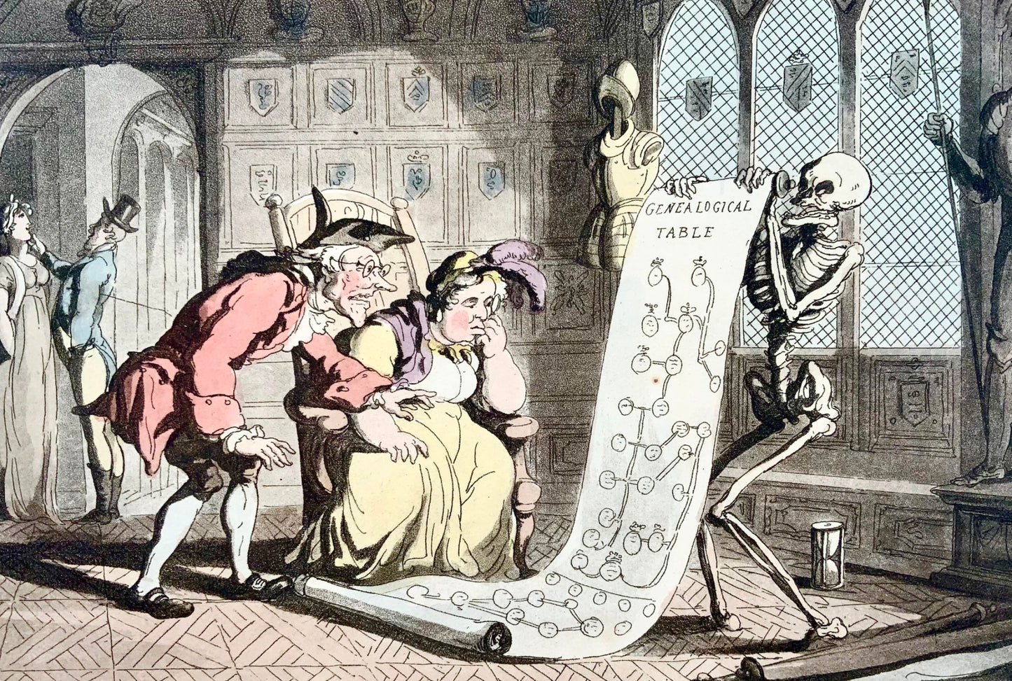 1815 Thomas Rowlandson DANSE DE LA MORT aquatinte colorée à la main GÉNÉOLOGIE