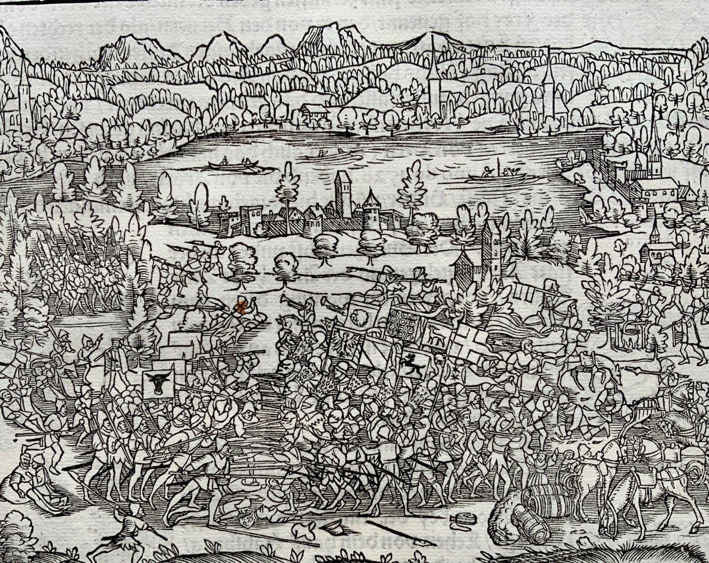 1548 Joh. Stumpf - Battle by Sempach Switzerland - Habsburg Wars - woodcut leaf - Military history