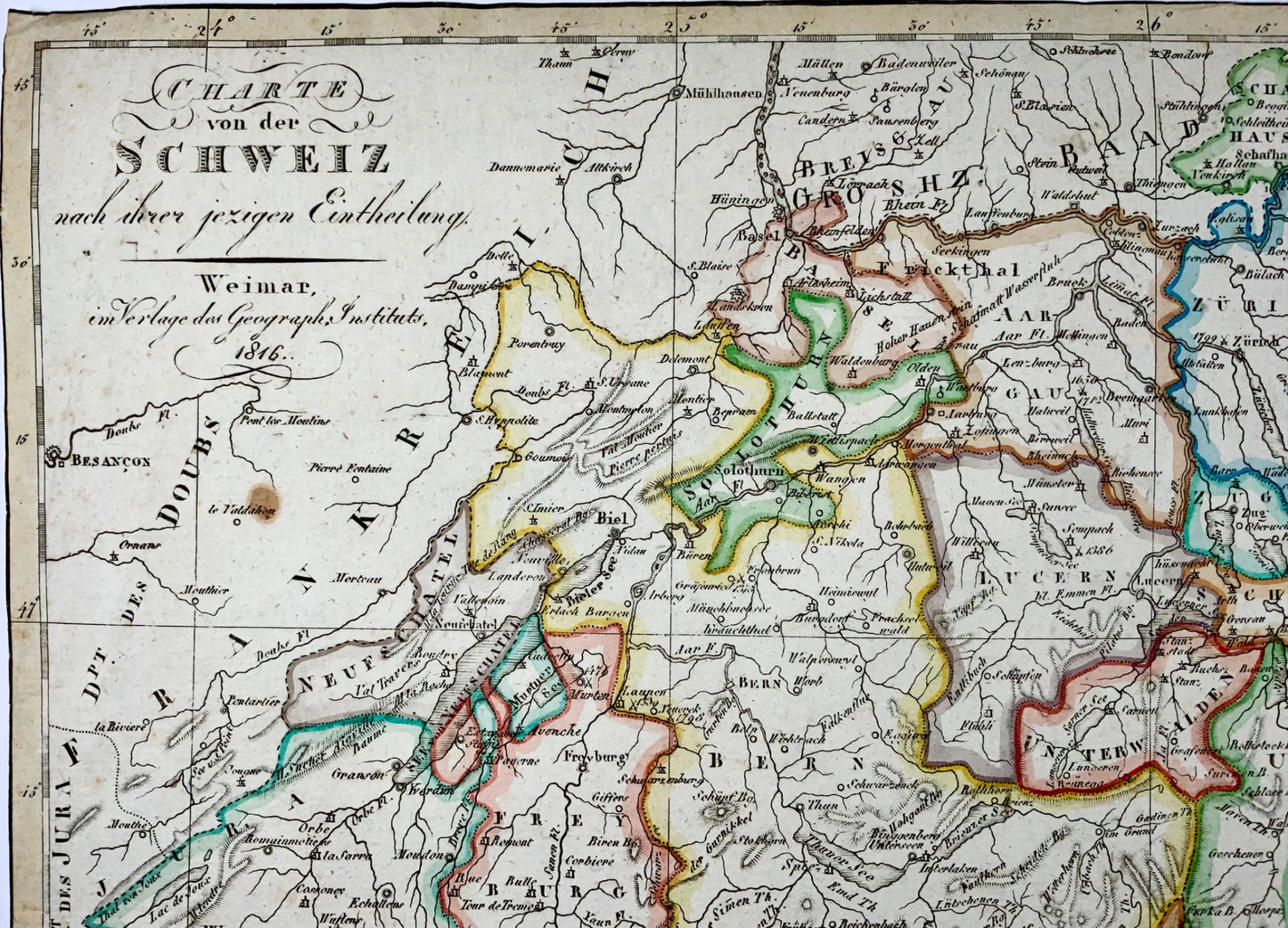 1816 Carte de la Suisse, gravure sur cuivre et couleur à la main, 30,5 x 42 cm