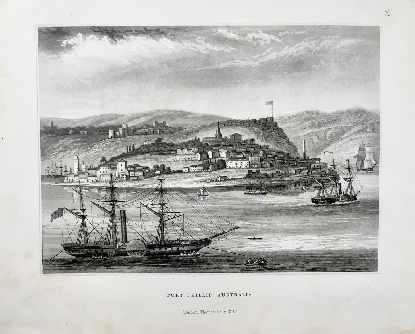 1845 Port Phillip, Melbourne Australie, gravure sur acier-aquatinte, rare