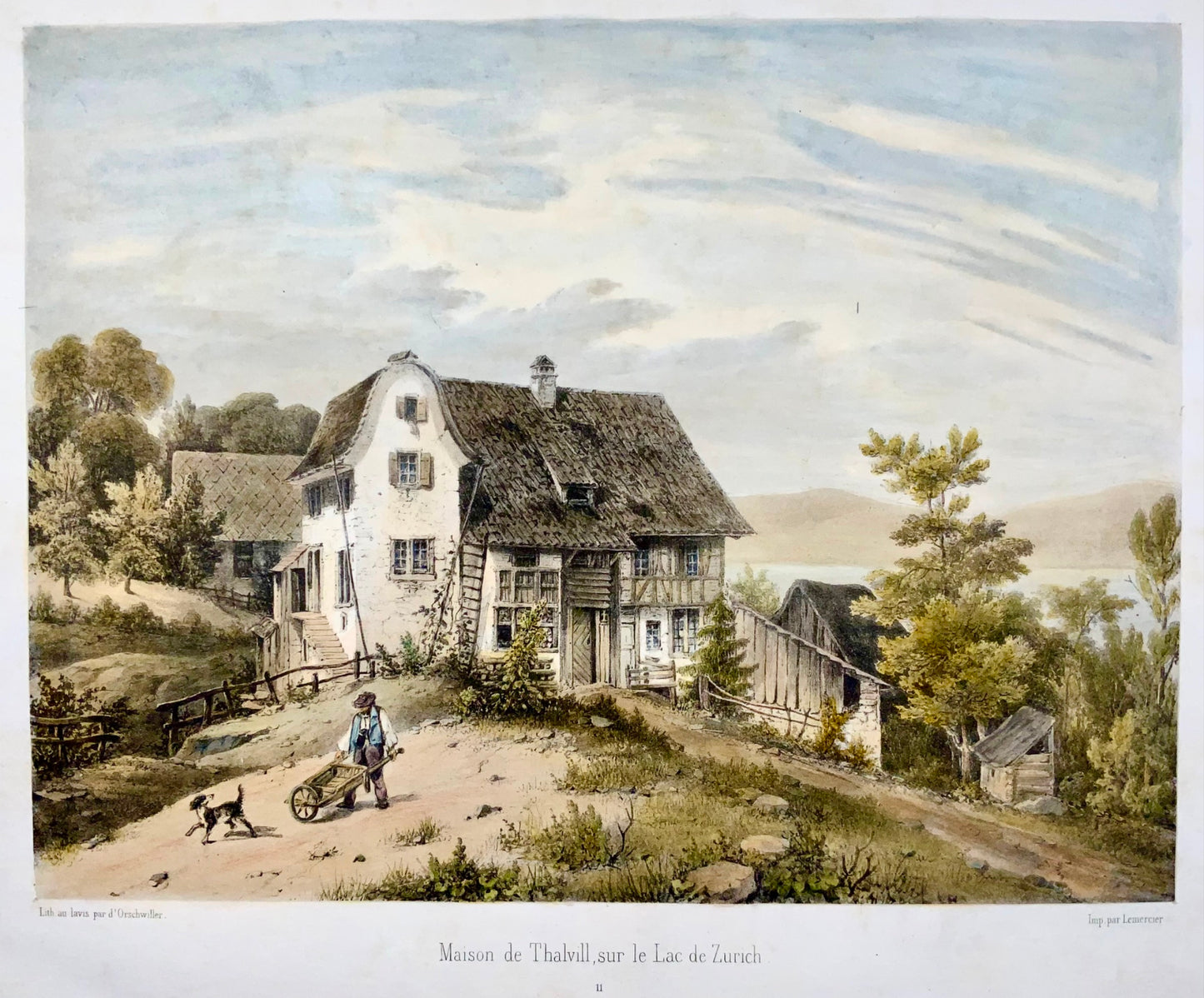 1850 vers. Thalwill, Zurich, Suisse, rare grande lithographie de d'Orschwiller