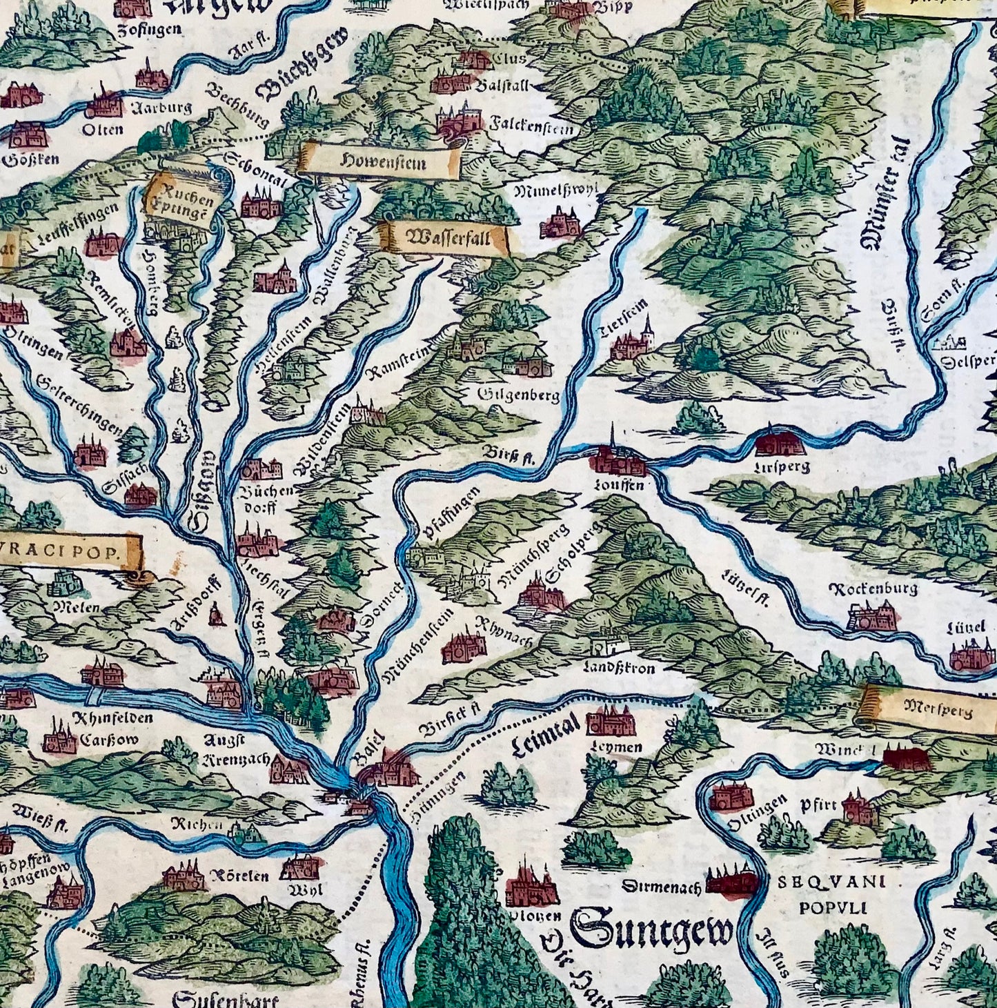 1548 Joh. Stumpf, Rhine, Germany, Switzerland, folio woodcut map