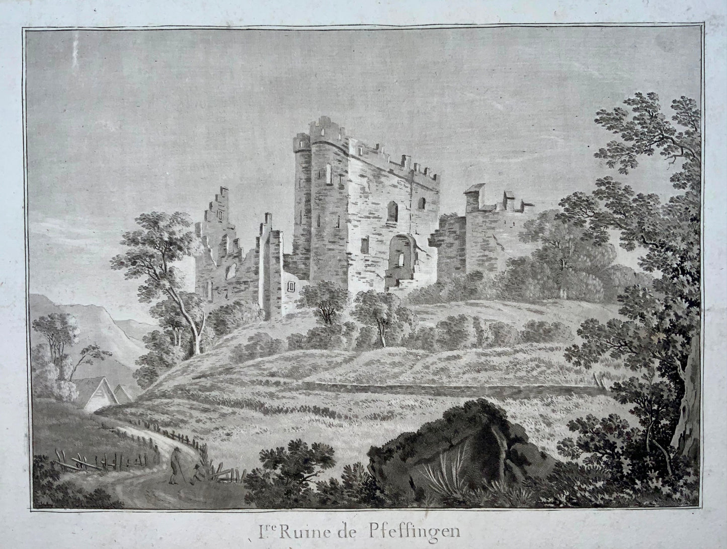 1790c. Pfeffingen, Fr. Rosenberg, grey toned aquatint, Basel, Switzerland