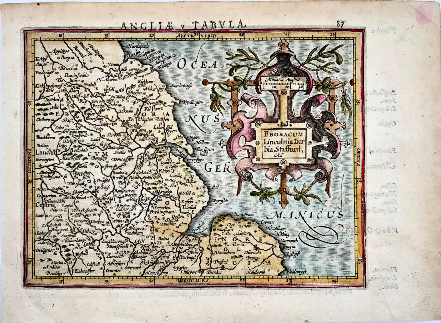 1610 Norfolk, Lincolnshire, Cambridgeshire. Carte coloriée à la main par Hondius