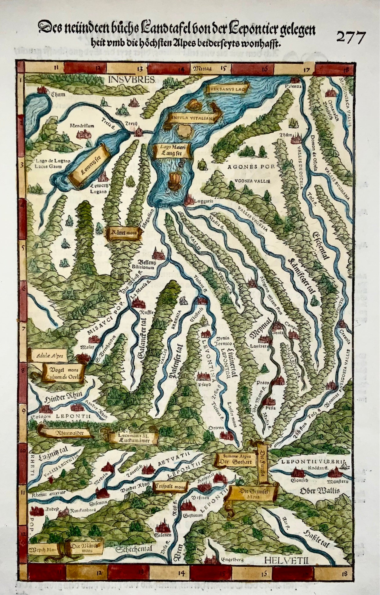 1548 Jean. Stumpf, sud de la Suisse, Tessin, Valais, carte folio gravée sur bois