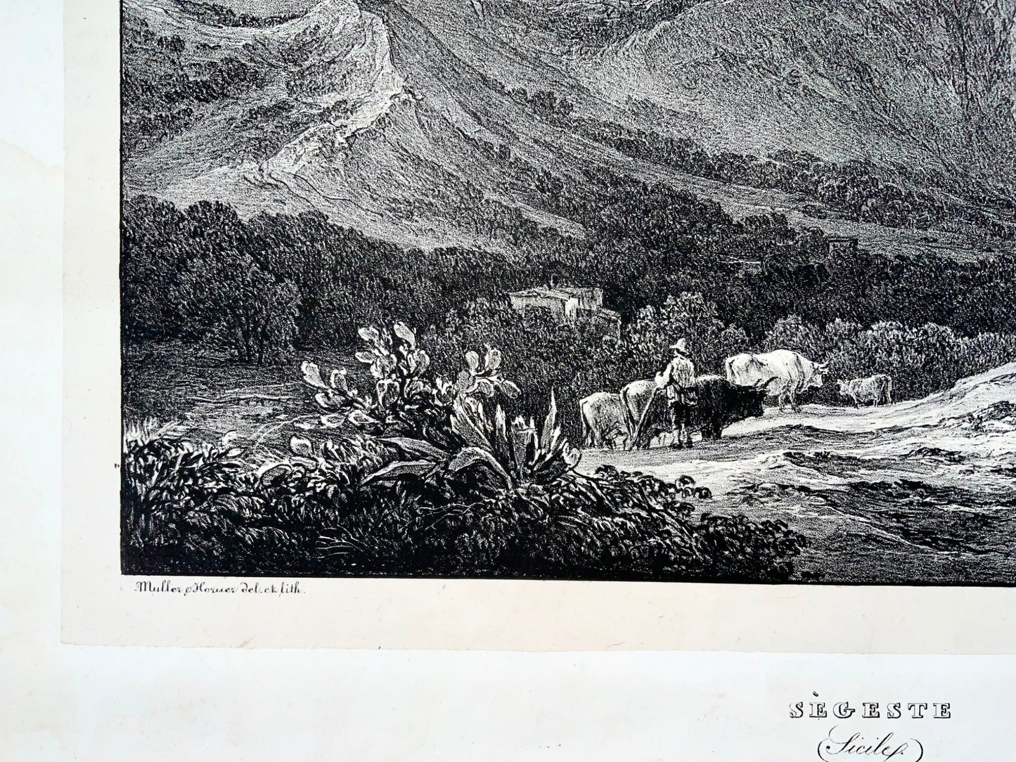 1833 Ségeste Sicile, Muller &amp; Horner, Ledoux sc., grande lithographie en pierre