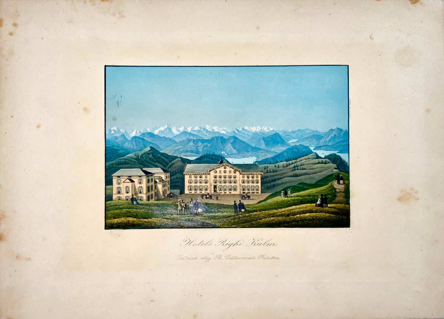 1850 Rigi Kulm, Dickenman, Suisse, aquatinte colorée