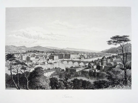 1860 TURIN Torino Italie - fine et rare gravure sur acier de la ville - Voyage