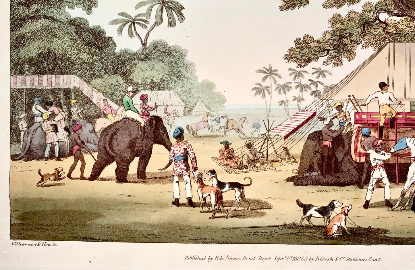 1807 ème. Williamson, Préparations pour une chasse, aquatinte coloriée à la main, sports, Inde, topographie étrangère