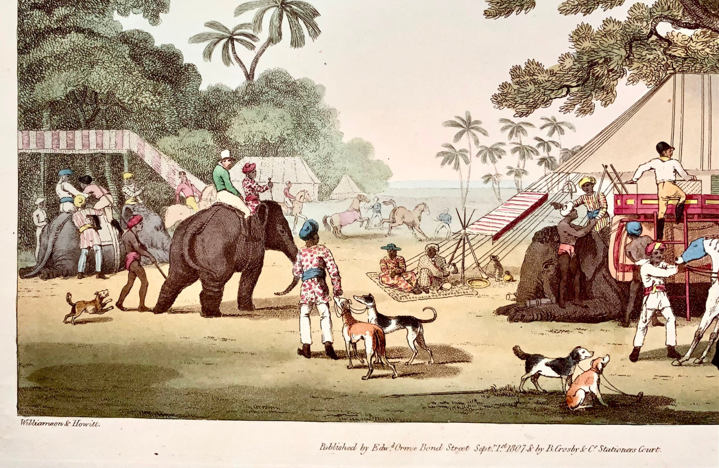 1807 Th. Williamson, Preparations for a Hunt, hand coloured aquatint, sports, india, foreign topography