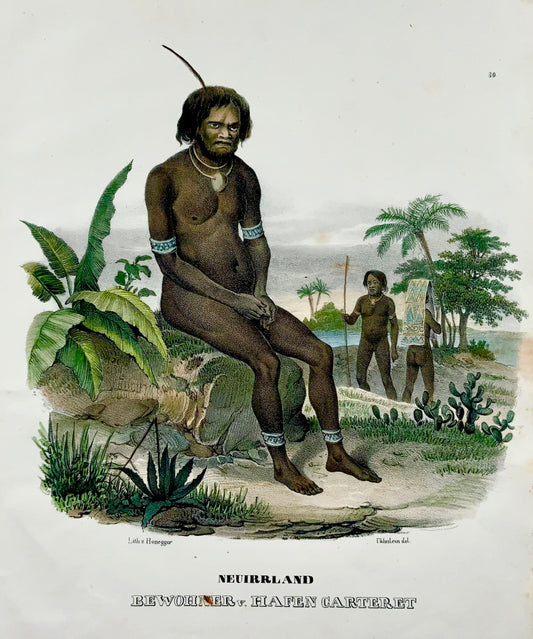 1840 Indigènes de Papouasie-Neuguinea, Honegger, lithographie sur pierre folio colorée à la main