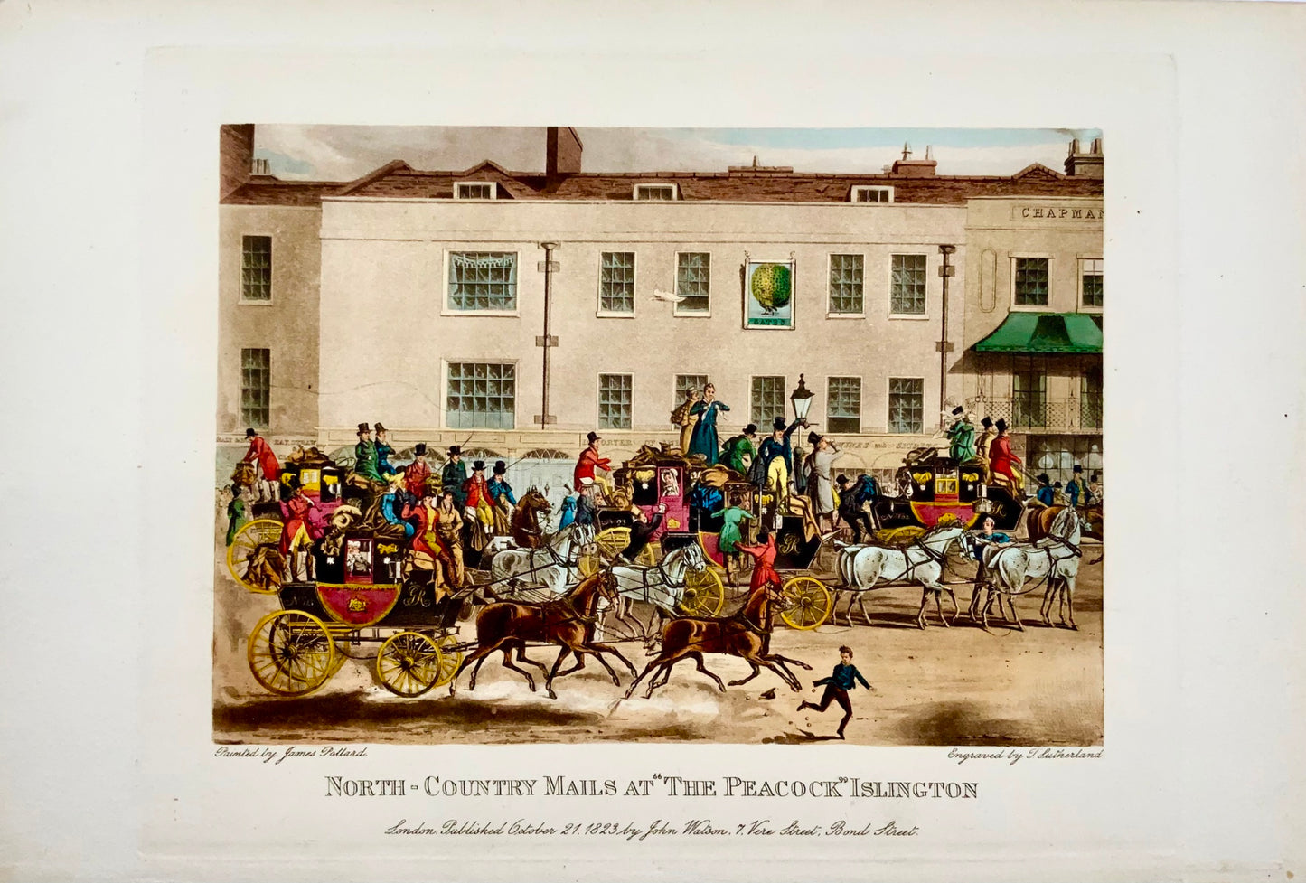 1823 Pollard; Sutherland, Post Carriage at Islingtion, London, aquatint, topography, transportation