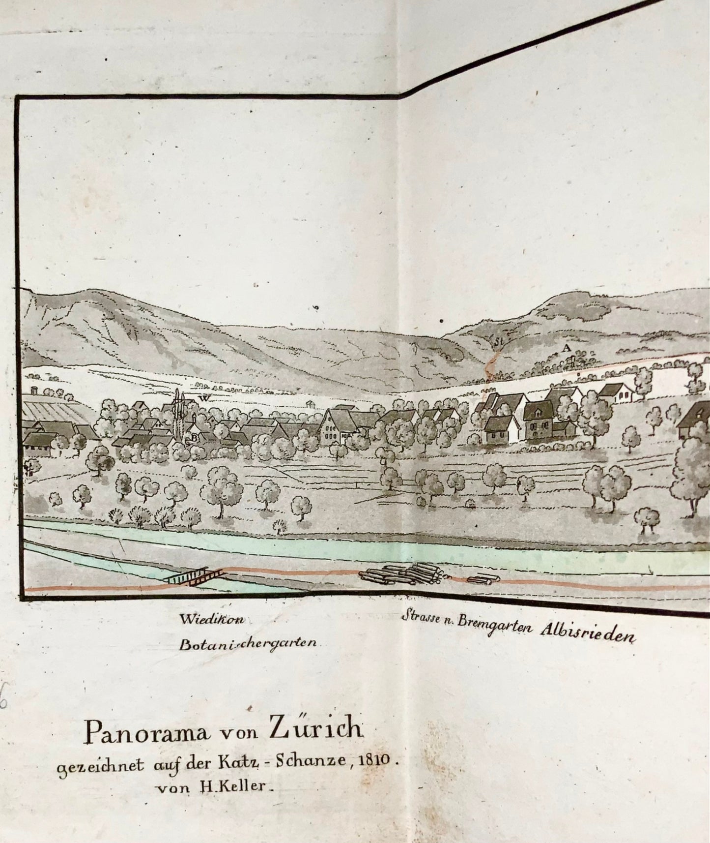 1810 H. Keller, Switzerland, aquatint panorama Zurich hand col. 139 cm