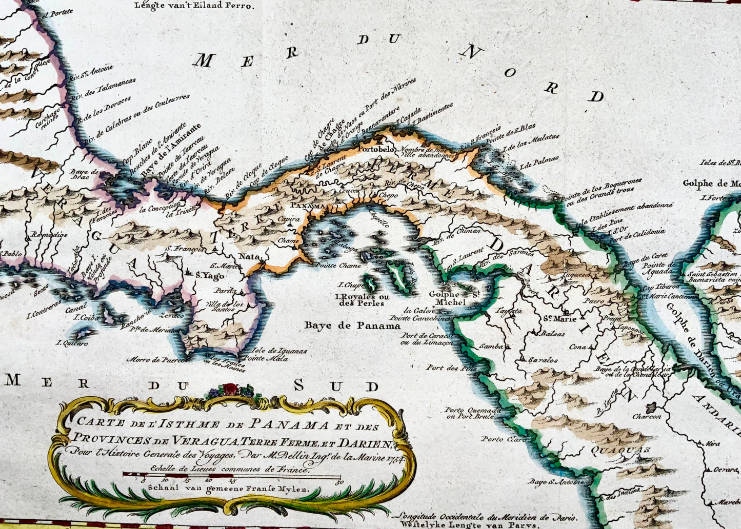 1754 Schley, Bellin, carte du Panama, golfe de Darien, Amérique centrale 