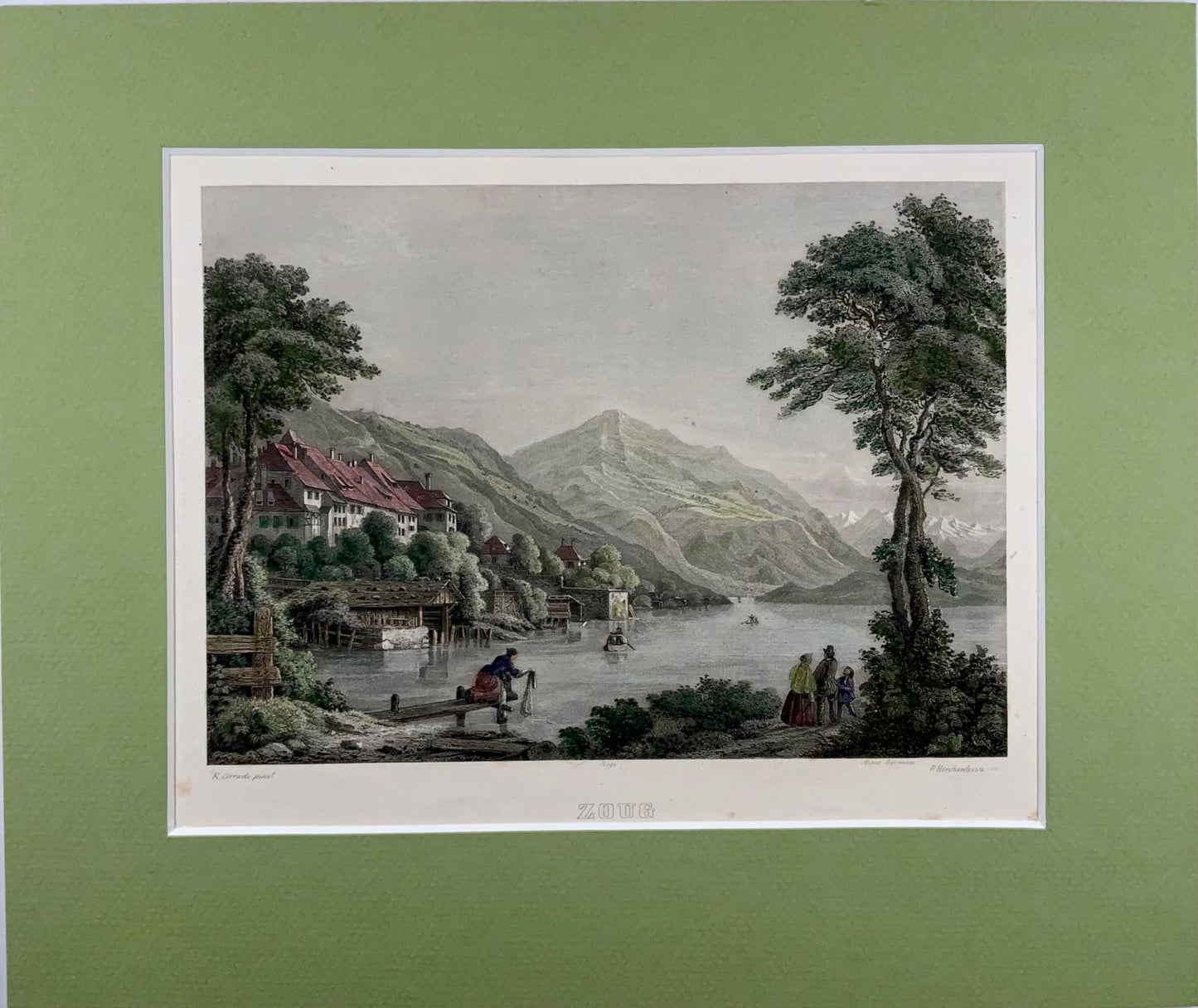 1850 Zoug Zoug, Suisse, grande aquatinte coloriée à la main, Corradi