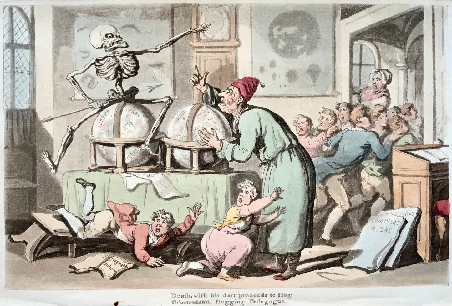 1815 Thomas Rowlandson, Dance of Death, maps, globes, hand coloured aquatint, caricature
