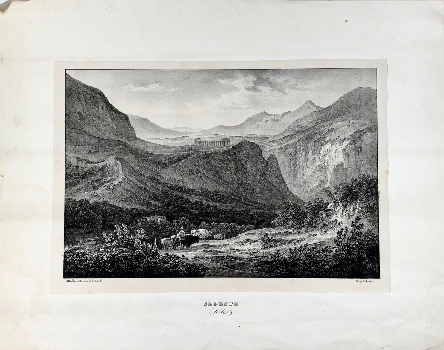 1833 Segesta Sicily, Muller & Horner, Ledoux sc., large stone lithograph