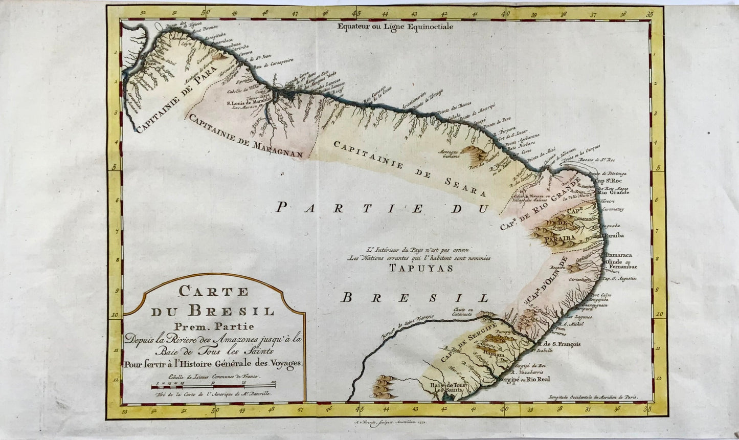 1772 Krevelt, carte, côte du Brésil, Amérique du Sud, Amazonie, coloriée à la main 