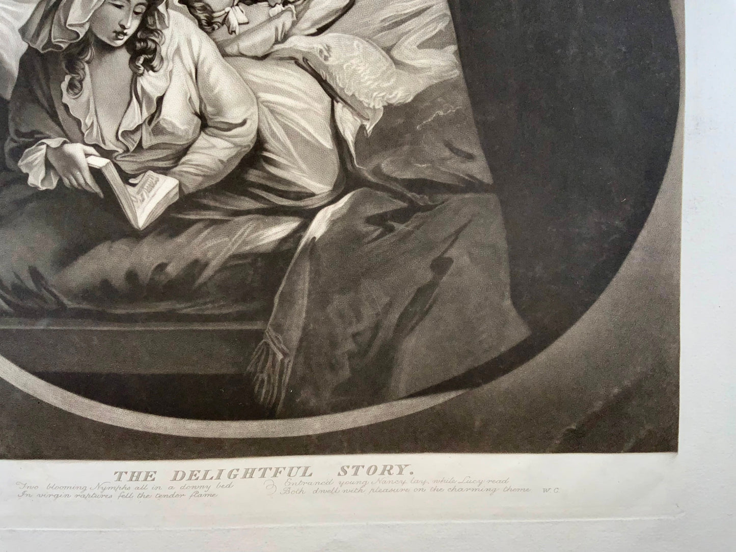 1787 The Delightful Story, grande manière noire de William Ward d'après George Morland, art classique