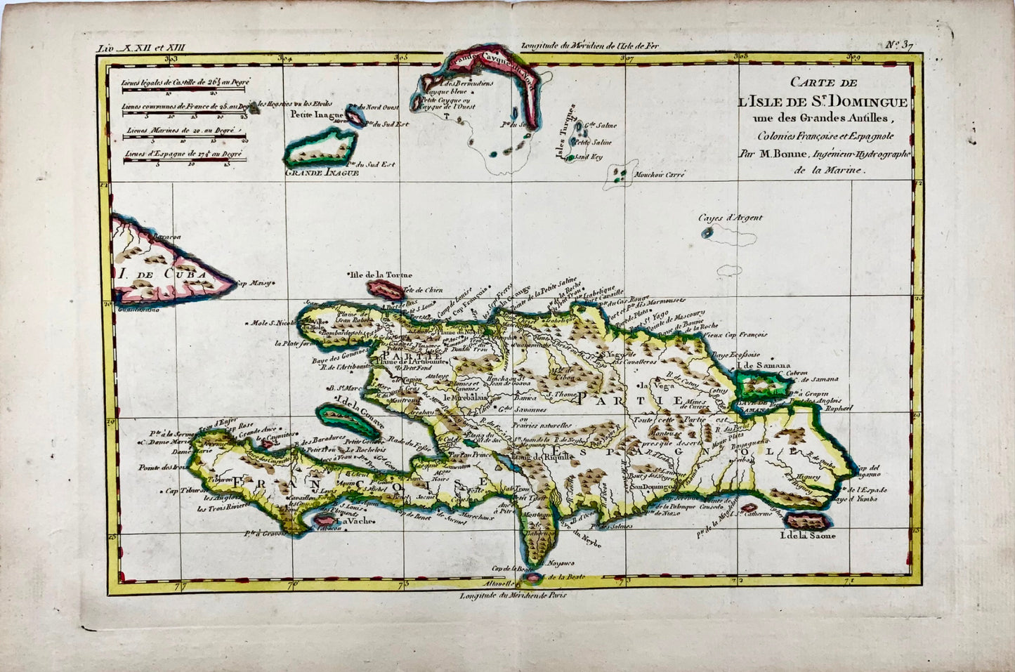 1780 Bonne, map of Hispaniola, Dominican Republic, Haiti, Antilles hand coloured