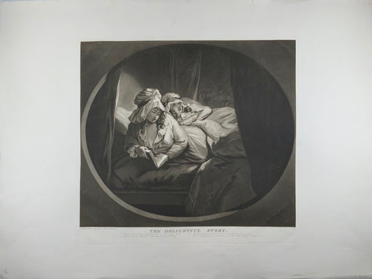 1787 The Delightful Story, grande manière noire de William Ward d'après George Morland, art classique