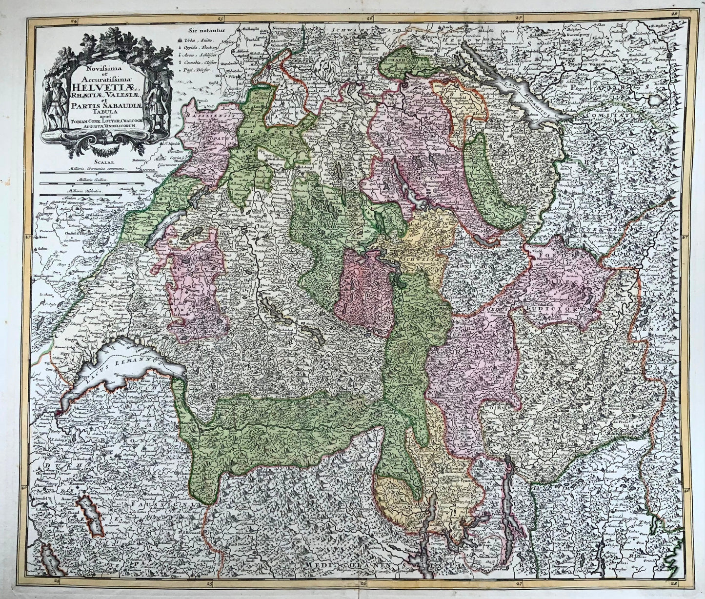 1757 Grande carte de la Suisse, C. Lotter, avec des détails exceptionnels, couleur à la main