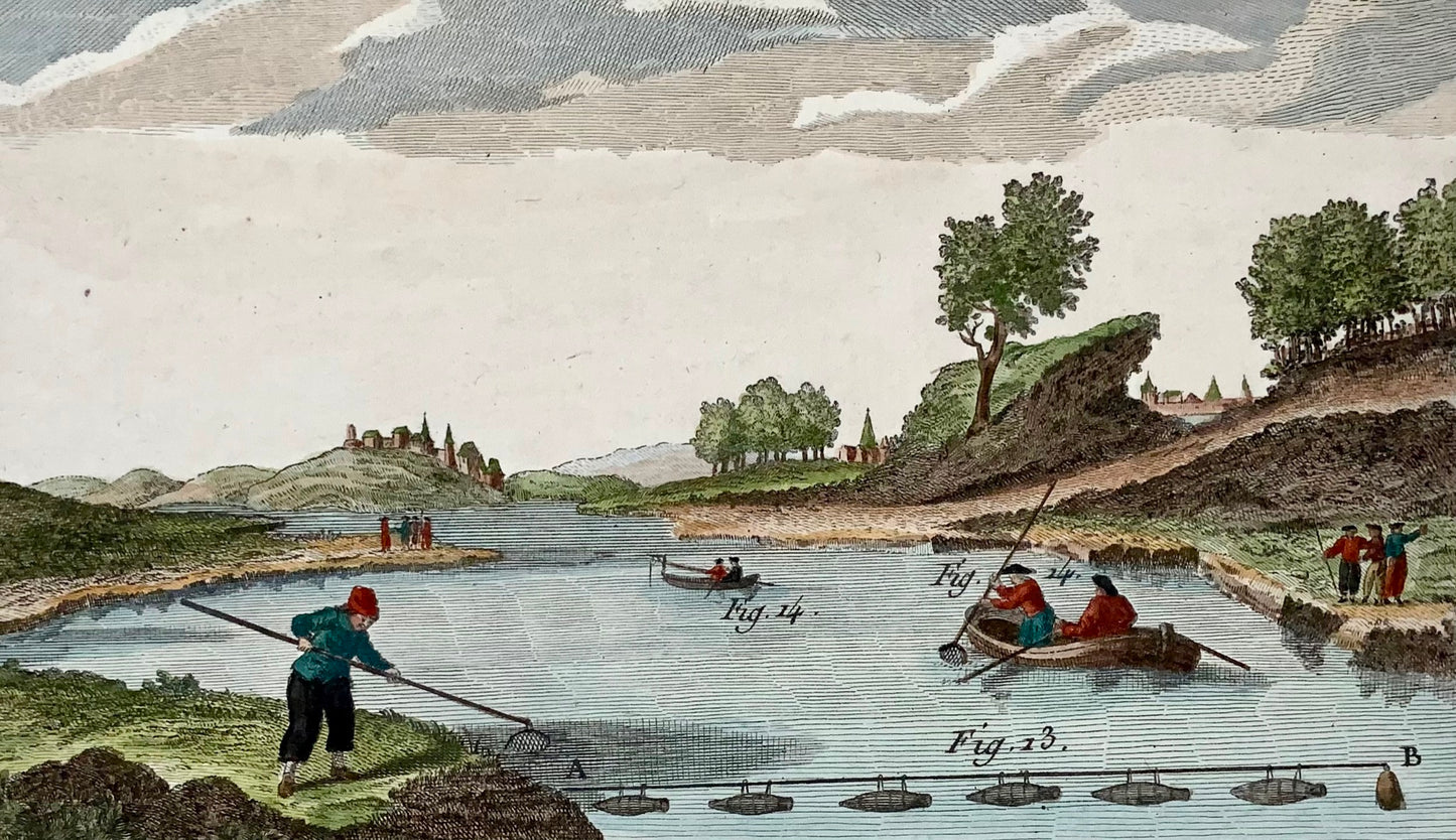 1793 Panckoucke, Pêche en rivière, filets, coloriée à la main, in-quarto, gravure sur cuivre, agriculture