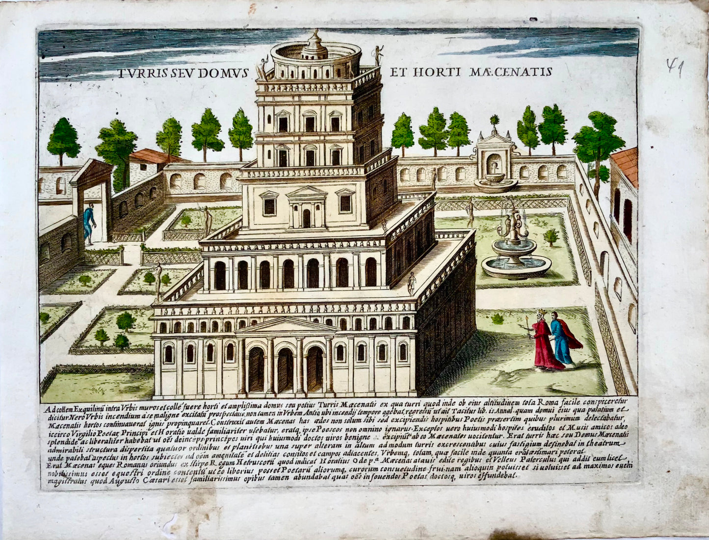 1624 G. Laurus, Jardins de Mécène, Rome, Italie gravure 