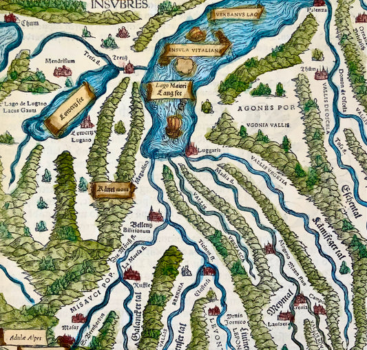 1548 Jean. Stumpf, sud de la Suisse, Tessin, Valais, carte folio gravée sur bois