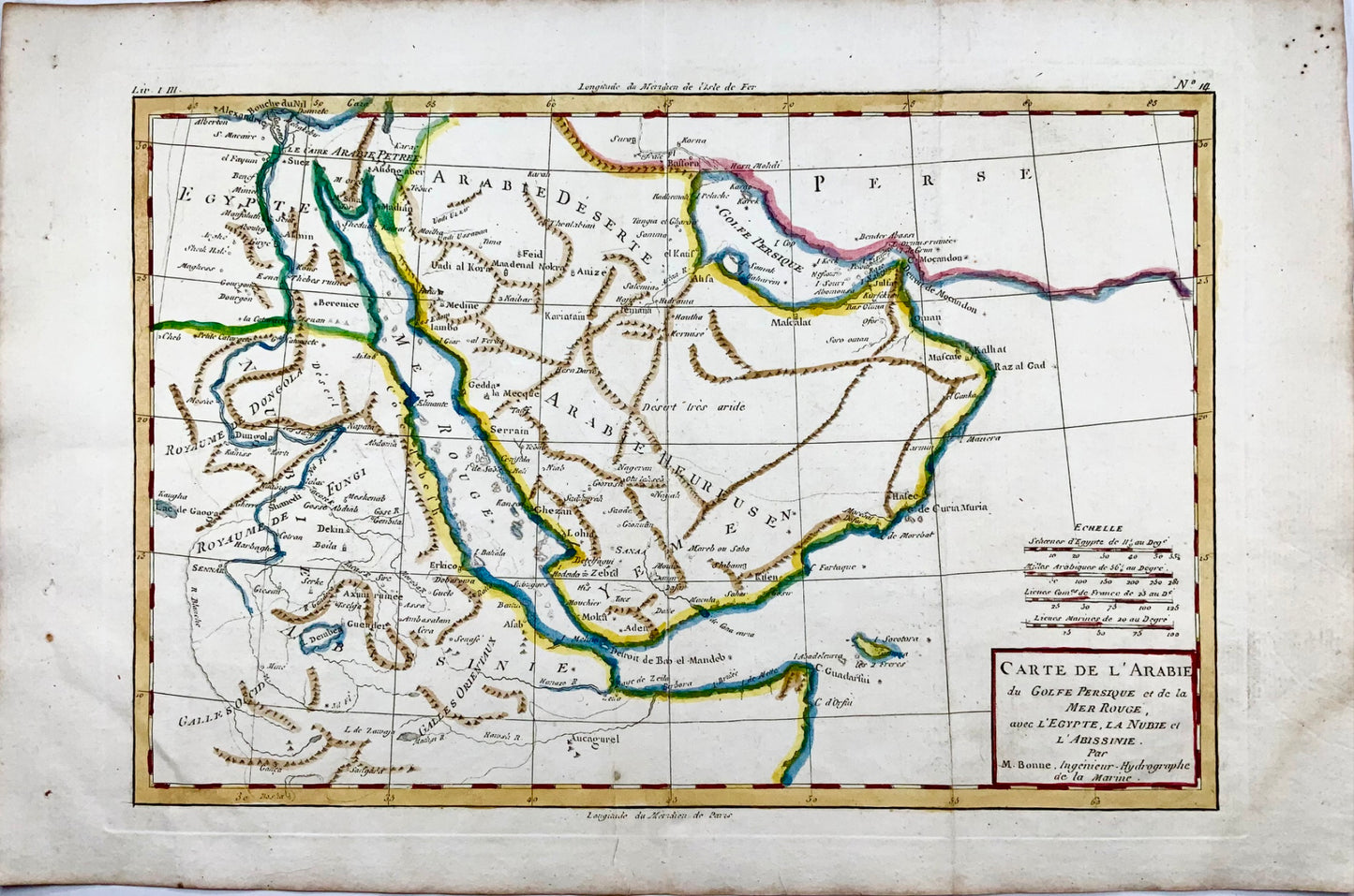 1780 Bonne, carte du Moyen-Orient, de la Perse, de la Mer Rouge, de l'Egypte, de la Nubie colorée à la main