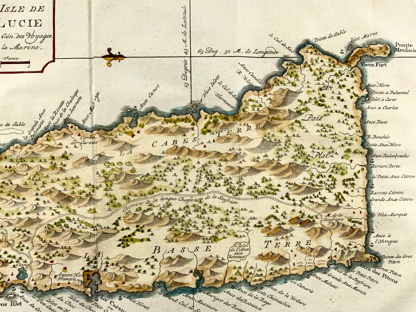 1775, Jacques Nicolas Bellin, Sainte-Lucie, Antilles, carte colorée à la main, topographie étrangère