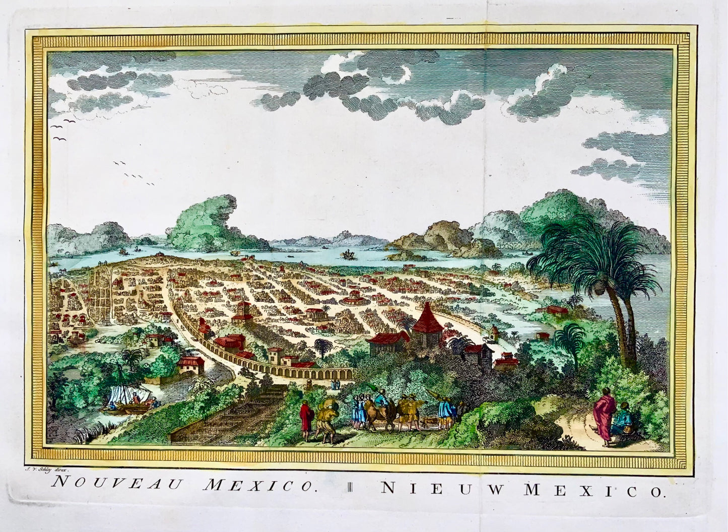 1780 JV Schley, Mexico, paysage urbain, gravure sur cuivre colorée à la main