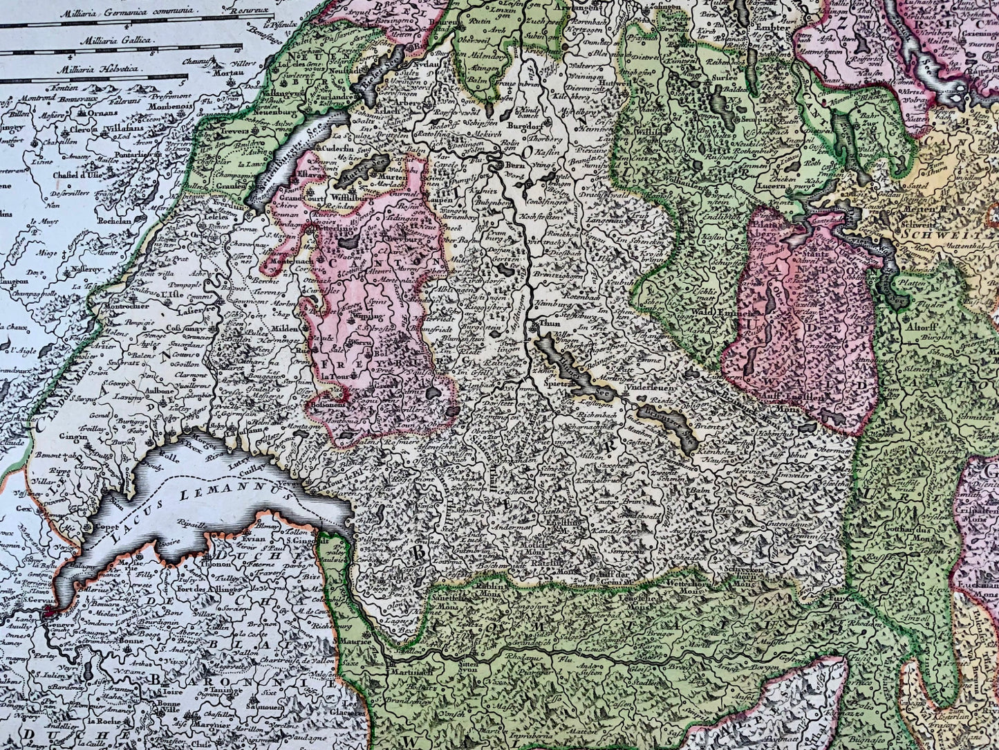 1757 Grande carte de la Suisse, C. Lotter, avec des détails exceptionnels, couleur à la main