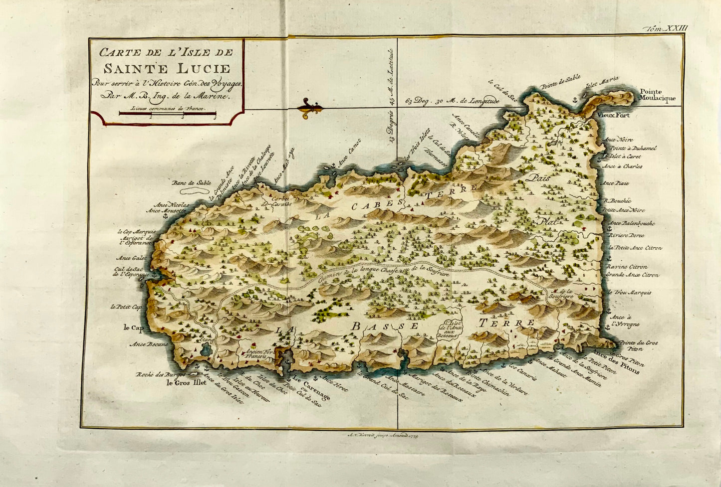 1775, Jacques Nicolas Bellin, Sainte-Lucie, Antilles, carte colorée à la main, topographie étrangère